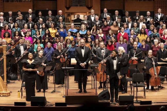 Conductor Ted Sperling with orchestra and chorus at the premiere of “Sins and Grace.”<i> </i>