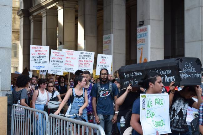 Protestors marched on City Hall to mark the fifth anniversary of Eric Garner&#x2019;s death at the hands of the NYPD. Photo: Margaret Barnsley