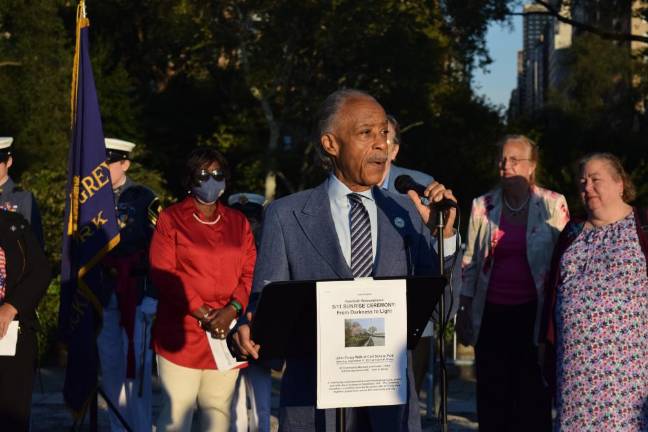 The Rev. Al Sharpton spoke at the community commemoration in Carl Schurz Park on Saturday morning. Photo: Emily Higginbotham