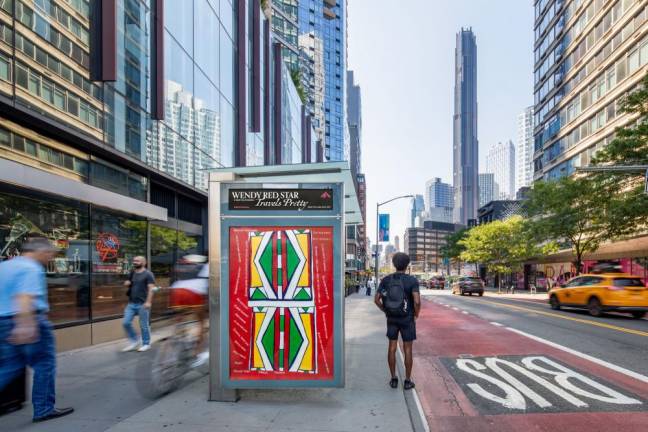 From the Public Art Fund – Wendy Red Star, Makes The Lodge Good, 2022, Courtesy the artist, Photo: Nicholas Knight, Courtesy of Public Art Fund, NY. Artwork a part of Wendy Red Star: Travels Pretty, presented in New York City by Public Art Fund on 300 JCDecaux bus shelters across New York City