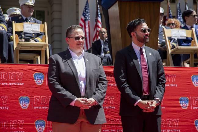 FDNY Medal Day at City Hall, Fire Commissioner Lillian Bonsignore (left) Mayor Zohran Mamdani.