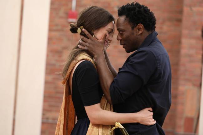 Heather Lind and Chukwudi Iwuji in "Othello." Photo: Joan Marcus for Public Theater
