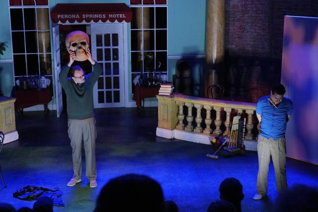 Trevor Crane as The Curator holding a skull and Brian Vincent as Finchatton in <i>The Croquet Player </i>at Theater for the New City.