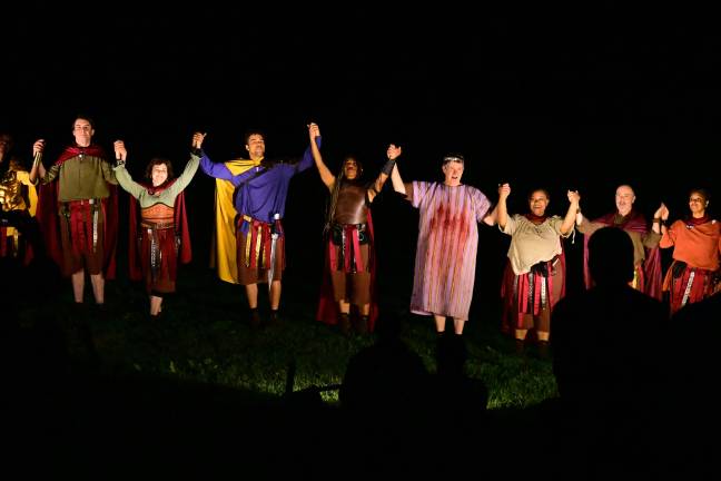 Night had fallen by the time Julius Caesar (Clay Storseth) and Brutus (Oneika Phillips) take final bows on June 5th, 2026 along with the cast.