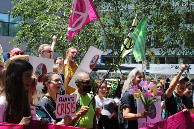 Members of Fridays for Future, Extinction Rebellion, 350NYC, and others gather in Union Square on July 22. Photo: Meryl Phair