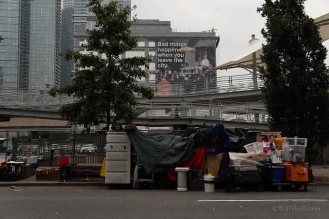 The encampment on West 46th Street has been left untouched since July 14th.