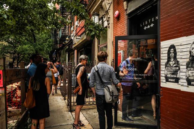 Lining up for Listen Bar on Bleecker Street.