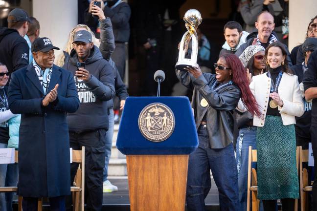 Exultation and excitement at the Gotham FC championship celebration at City Hall.
