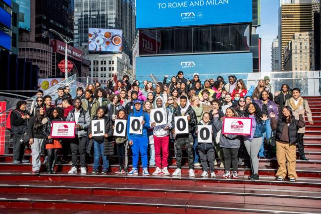 Students and educators gathered in Times Square on Nov. 8, 2023, to celebrate surpassing 100,000 high-school students who had seen a play under the Broadway Bridges® program. It was started by St. Martin and the League in 2017.