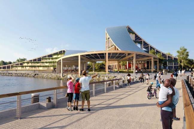 <b>A rendering shows plans for a renovated Yankee Pier at Governors Island, leading toward a new public plaza and new buildings comprising the New York Climate Exchange.</b> Photo: Courtsey of Skidmore, Owings &amp; Merrill
