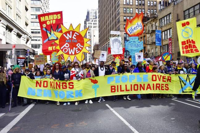 A festive atmosphere prevailed at the No Kings protest against the Trump administration. The march drew over 100,000, starting at Father Duffy Square in Times Square, went down Seventh Avenue to Union Square Park. NYC reportedly drew the largest number of protesters on the national protest day, Oct. 18.