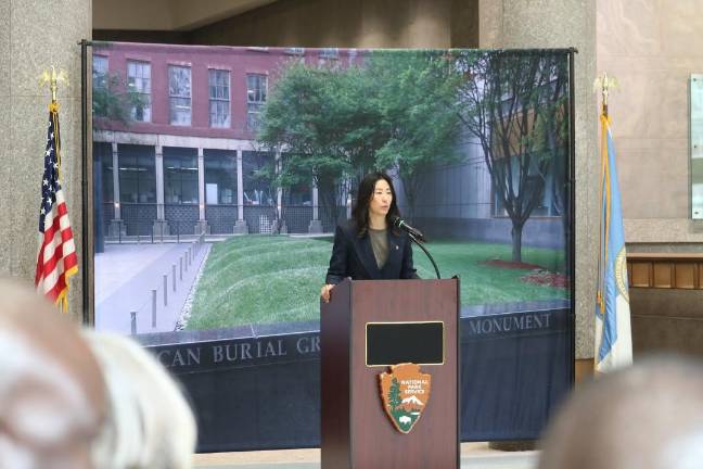 Grace Lee speaks at Black History Month celebration at African National Burial Ground, Feb. 21, 2026.