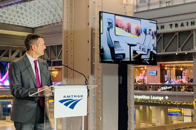 On December 15, Amtrak President Roger Harris revealed Amtrak’s new equipment, Airo, which will operate on current Amtrak routes along the East Coast. The new trains should start in service out of Penn Station in 2026. Photo: Ralph Spielman