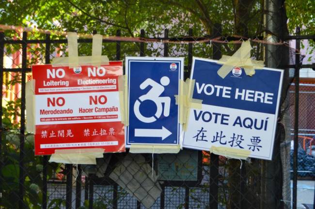 Signs marking a polling place on the Upper West Side. Photo: Abigail Gruskin
