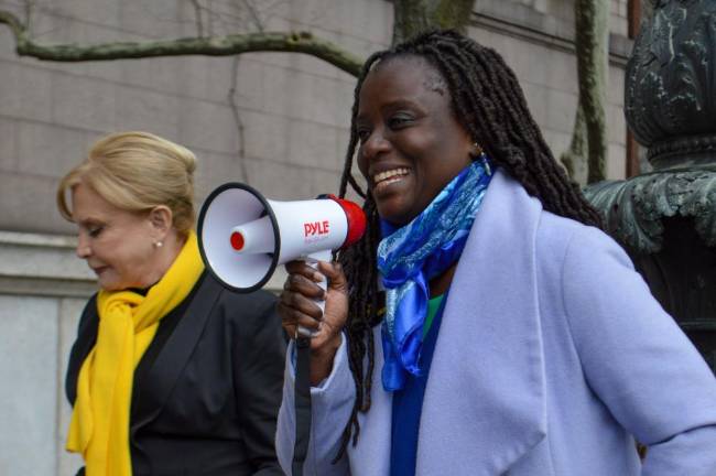 State Senator Cordell Cleare spoke out in support of Rep. Maloney at the weekend rally. Photo: Abigail Gruskin