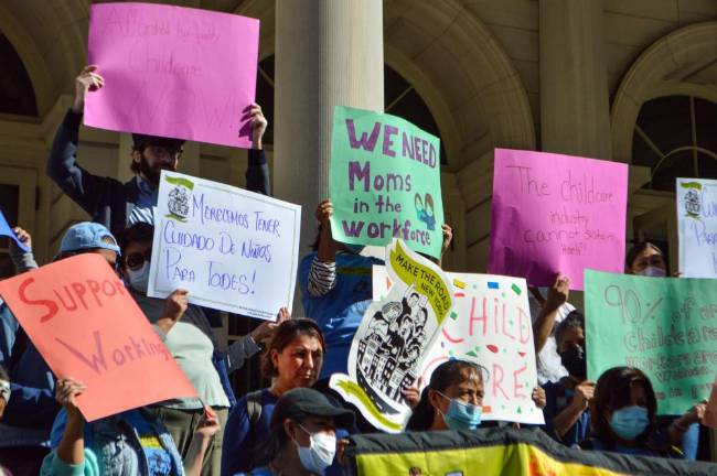 Supporters of the legislation gathered on the steps of City Hall on Wednesday morning, before the vote. Photo: Abigail Gruskin