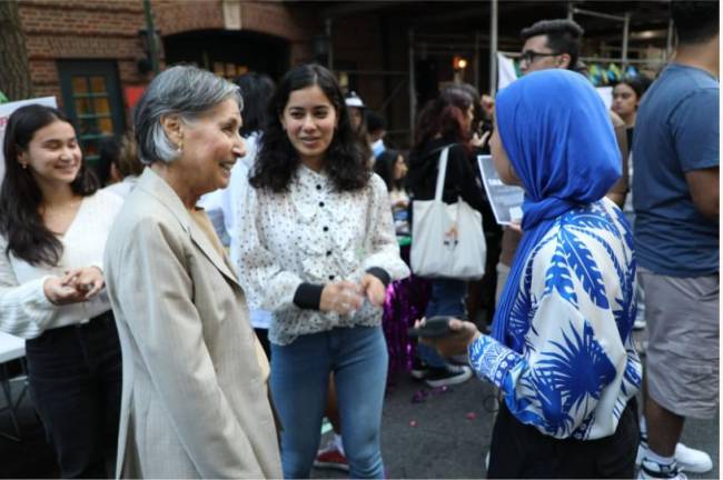 <b>Ann Kirschner, the new president at Hunter College, meets with students at the start of the fall semester. The college with 24,000 students is one of the most diverse student bodies in the country, she says.</b> Photo: Courtesy Hunter College