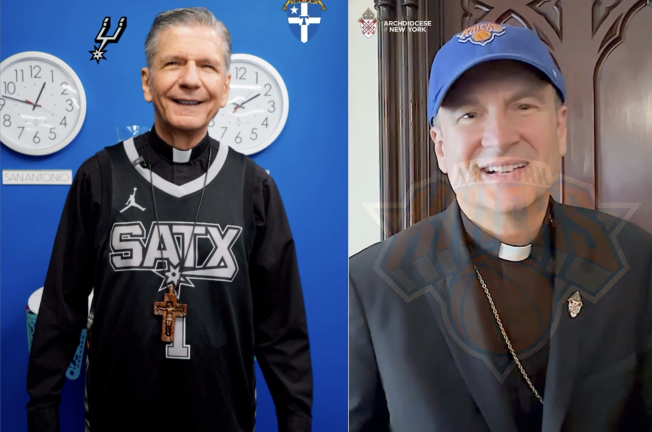 Archbishop Gustavo of San Antonio (left) and Archbishop Hicks of NY (right) made a friendly wager on the outcome of the NBA finals, between the San Antonio Spurs and NY Knicks, before Game 1 June 3.