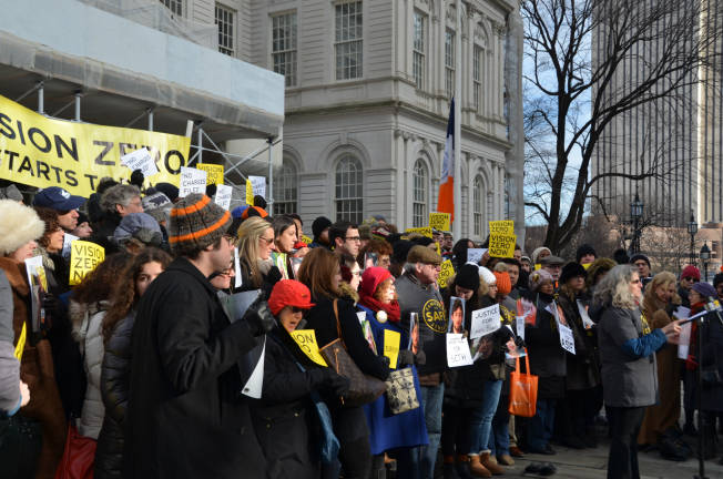 Families for Safe Streets staged a rally Sunday calling on New York district attorneys to take more seriously cases where reckless drivers kill or injure pedestrians. Photo by Daniel Fitzsimmons