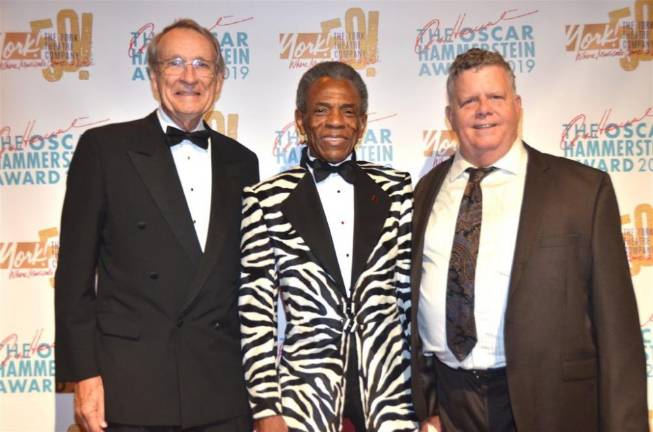 Andre De Shields (center), 2019 recipient of the York Theatre’s Oscar Hammerstein Award for Lifetime Achievement in Musical Theatre, with Chairman of the Board David McCoy (left) and Producing Artistic Director James Morgan (right). Photo: Lia Chang