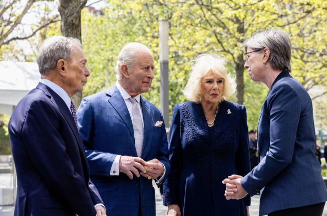Former Mayor Michael Bloomberg stands with King Charles III and Queen Camilla
