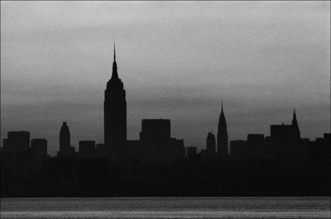Lightless skyline of New York City during the 1977 blackout, seen from New Jersey.