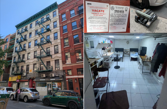 Clockwise from left: 118 and 120 Elizabeth St.; DOB vacate order; e-bike batteries; illegal basement living space.