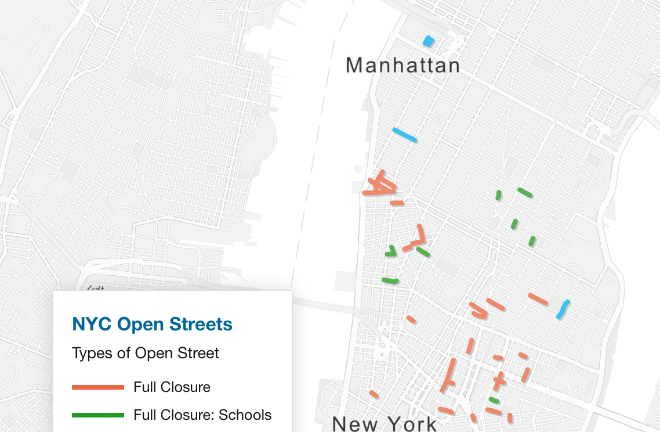 Neither Chelsea nor Hell’s Kitchen will have any school-related “Open Streets” closures (green lines) this year.