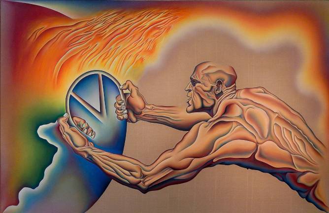 Chicago presents images of male aggression and power, and where they have led, in works like &#x201c;Driving the World to Destruction,&#x201d; 1985. Sprayed acrylic and oil on Belgian linen, 108 x 168 inches. Photo: Adel Gorgy.