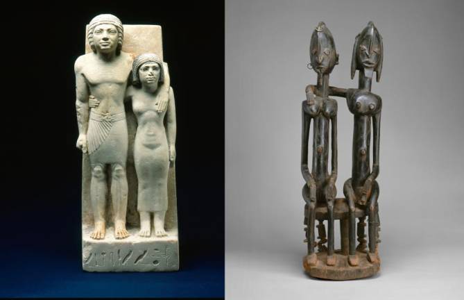 At the Metropolitan Museum (Left): “The King’s Acquaintances Memi and Sabu” From Egypt, probably from, Giza, Western Cemetery; Old Kingdom, Dynasty 4 (ca. 2575–2465) acquired from L. Stern, 1948. (Right): Dogon artist; Mali. “Seated Couple,” 18th–early 19th century. Wood, metal. Gift of Lester Wunderman, 1977