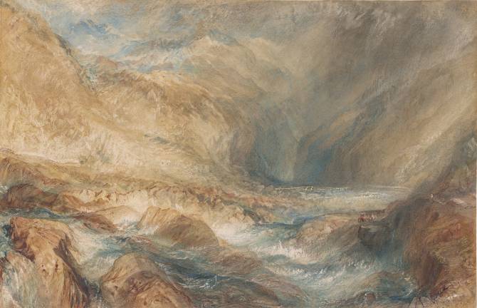 J. M. W. Turner (1775–1851), "The Pass of St. Gotthard, near Faido," 1843, watercolor over graphite, Thaw Collection, The Morgan Library &amp; Museum. Photo: Steven H. Crossot