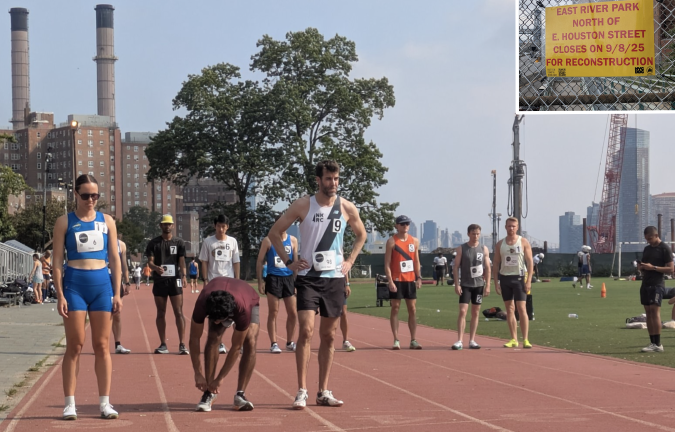 Dashing Whippets track meet, Aug. 16, 2025; runners line up for “A” heat mile. New York Lions youth football practice in background (right rear). Inset: A sign announces the closing of this section of East River Park.