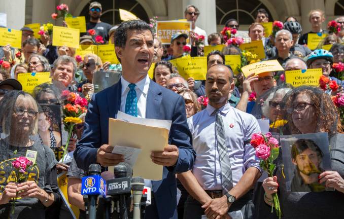 Ydanis Rodriguez, chair of the City Council&#x2019;s transportation committee, speaks at a rally for street safety legislation on the steps of City Hall on May 8. Photo: John McCarten/NYC Council