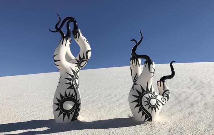 At the National Museum of the American Indian, Virgil Ortiz, “Incubators,” 2016, High fire clay vessels, underglazes, acrylic paint with corning glass tendrils.