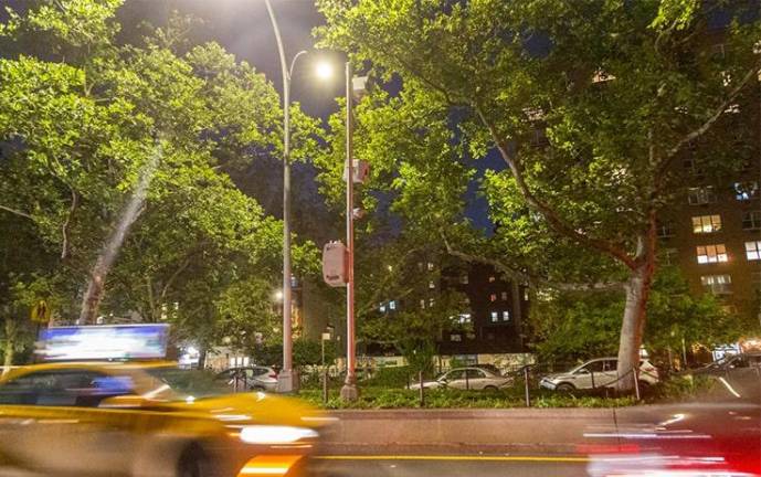 A 24/7 speed camera on Houston St. in the East Village. The DOT claims that speeding incidents in the neighborhood have decreased by nearly 100 percent in the year since the cameras expanded to round-the-clock surveillance.