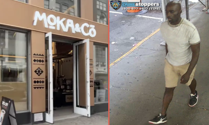 Moka &amp; Co at 142 W. 34th St., site of vicious slashing; (left); Suspect arrested and arraigned for attempted rape (right).