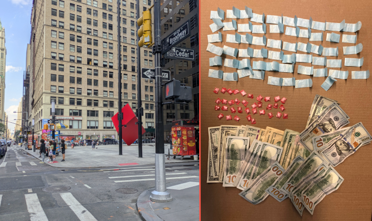 Left: Broadway at Cedar Street looking toward Red Cube; Right: Busted in Washington Square.