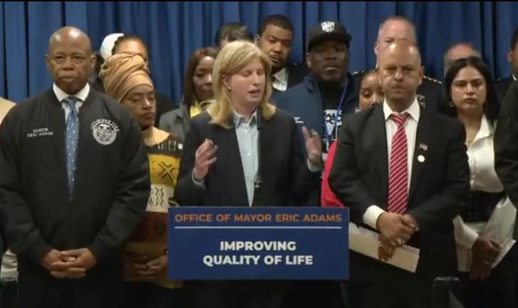 NYPD Commissioner Jessica Tisch (center) and NYC Mayor Eric Adams (left) unveiled the Quality of Life division during an April 10 kickoff at the 13th Precinct on the East Side. Francisco Marte (front row right), president of the Bodega and Small Business Group ,praised the new pilot program.