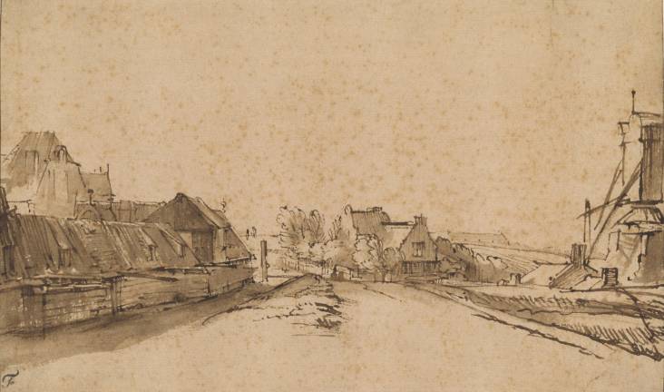 Rembrandt van Rijn (1606–1669), "The Bulwark De Rose and the Windmill De Smeerpot, Amsterdam," ca. 1649-52, pen and brown ink and wash, Thaw Collection, The Morgan Library &amp; Museum. Photo: Steven H. Crossot