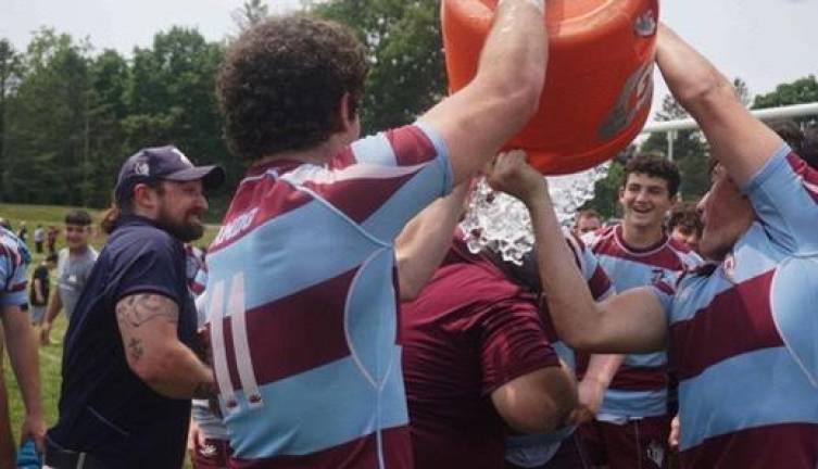 <b>The coach of Xavier H.S.’s Rugby Football Club, Greg Norris, is doused with the traditional Gatorade bath after his team routed Pelham H.S. in the NYS Rugby Championship. It is the 30th regional or state championship won by the perennial rugby powerhouse, which was ranked third in the nation in 2023.</b> Photo: Xavier H.S. Instagram