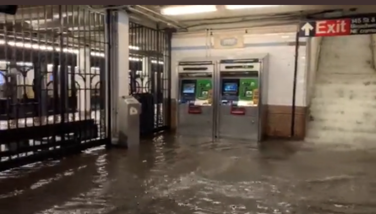 Flooding at 145th Street on 1 line, Wednesday night. Screenshot of video by NTD News via Mark D. Levine on Twitter.