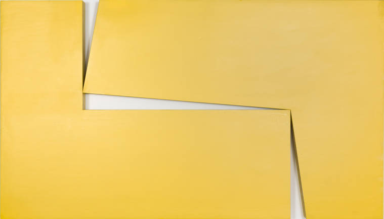Carmen Herrera, &quot;Amarillo 'Dos,'&#x201d; 1971. Acrylic on wood, 40 x 70 x 3 1/4 in. (101.6 x 177.8 x 8.3 cm). Maria Graciela and Luis Alfonso Oberto Collection &#xa9; Carmen Herrera