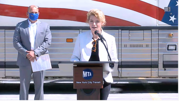Interim President of NYC Transit Sarah Feinberg speaks at press briefing Tuesday. Photo via YouTube.