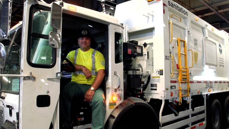 Jesus Melendez, district super operations assistant and 12-year veteran of The New York City Department of Sanitation (DSNY) right at home in the Manhattan 2 garage in the West Village/SoHo area and ready to get to work keeping NYC clean and safe.