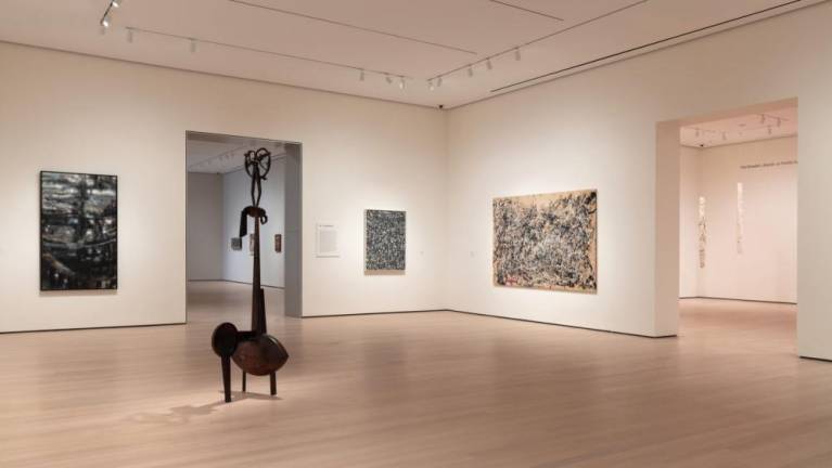 Installation view of Action Painting I (gallery 403) with works by Hedda Sterne, Lee Krasner and Jackson Pollock, The Museum of Modern Art, New York. © 2019 The Museum of Modern Art.