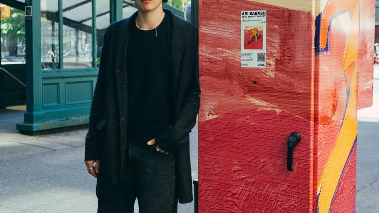 Village Alliance Art Competition winner and Cooper Union student Ari Barash at Astor Place, where his winning series <i>LONG LIVE YUL: NOMADIC COSMOLOGY </i>is on display, adorning the area’s utility boxes.