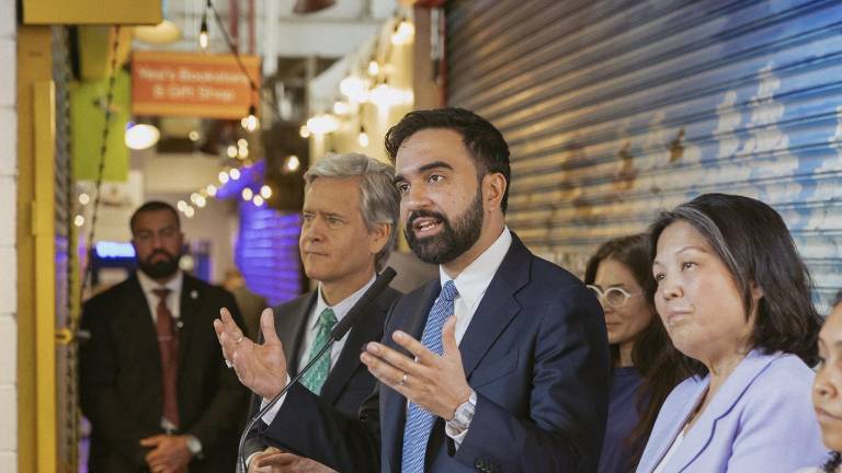 New York City Mayor Zohran Mamdani (at mic) is with Deputy Mayor Julie Su (right) and Manhattan borough president Brad Hoylman-Sigal as the mayor announces at site next to La Marqueta in East Harlem will be the site for the city’s first publicly subsidized grocery store.
