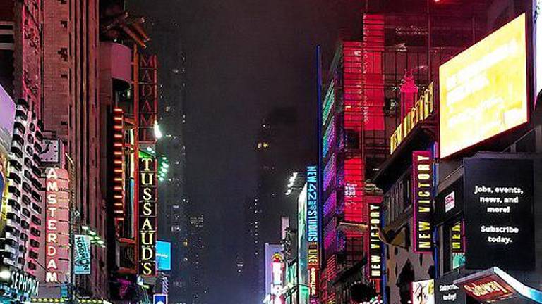 A photo taken at approximately 8 p.m. on Saturday, March 28, 2020, looking down a deserted 42nd Street just over a week after COVID-19 was declared a global pandemic.