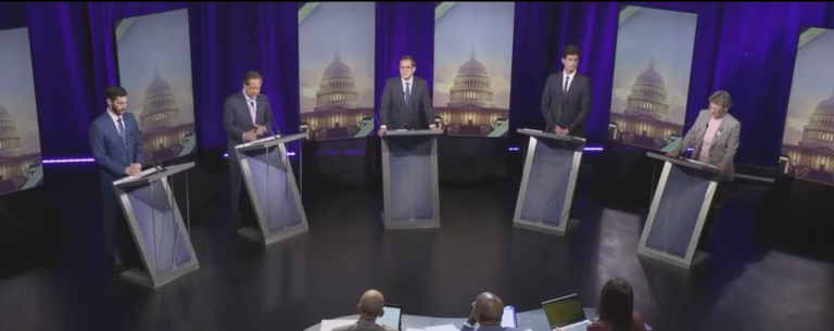 (From left) Alex Bores, George Conway, Micah Lasher, Jack Schlossberg, and Nina Schwalbe battled it out for the Democratic nomination for NY’s 12th Congressional District at a debate June 9, hosted by Spectrum News NY1. (Photo: Spectrum News NY1)