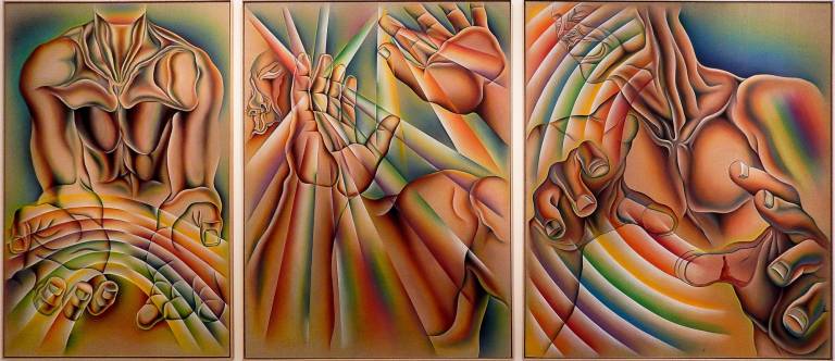 Judy Chicago&#x2019;s monumental triptych spans more than 20 feet in her Salon 94 exhibition &#x201c;PowerPlay: A Prediction. &#x201c;Rainbow Man,&#x201d; 1984. Sprayed acrylic and oil on Belgian linen, 108 x 252 inches. Photo: Adel Gorgy.